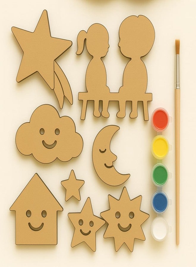 LET'S DIY Wooden Cutouts Painting Kit, 8 Pieces with 5 Paint Colours and Brush, Cloud Moon Star House Shapes for Kids Crafts Activity Kit | Screen-Free Learning & Fun for Children - Image 1